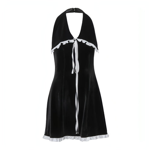 Flounce Trim Lace-Up Backless Suede Slim-Fit Halter Dress for Women